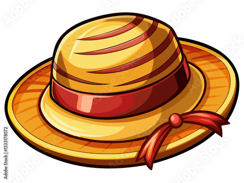 vector of  A straw hat with a wide brim and a brown ribbon around the crown. The hat is made of woven straw and has a slightly rounded crown.