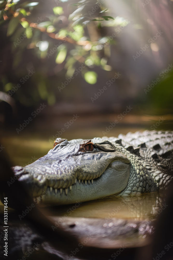Fototapeta premium Majestic Crocodile Relaxing in Calm Water with Sunlight Filtering Through Leaves