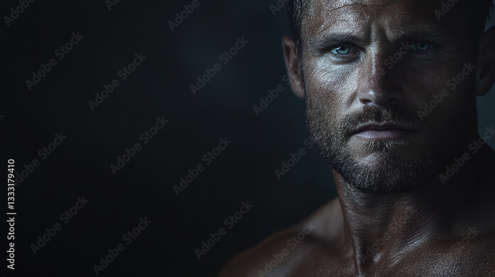 Intense gaze of fit man with defined features and strong physique Intense gaze of fit man with defined features and strong physique