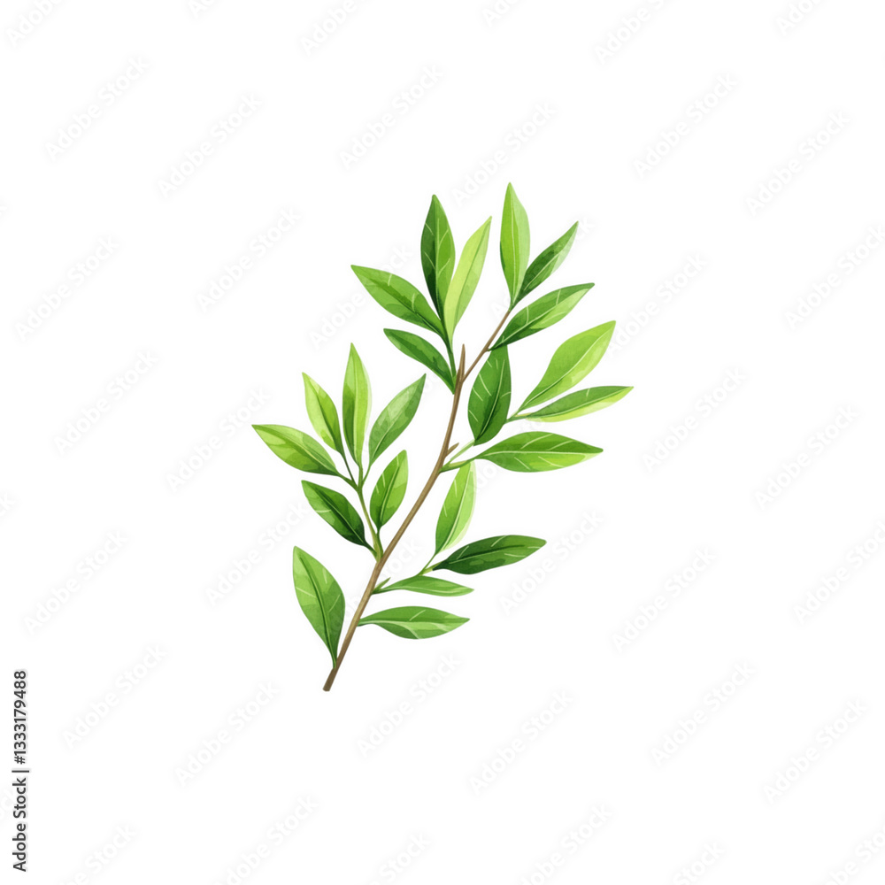 Fototapeta premium Botanical Illustration of Tea Tree Branch with Green Leaves