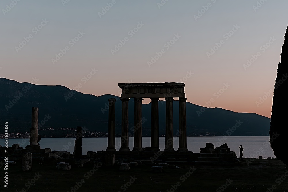 Fototapeta premium Ancient Temple Ruins at Sunset by the Lake