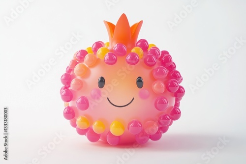 A cute, cartoonish 3D model of a pomegranate with a smiling face and colorful seeds.