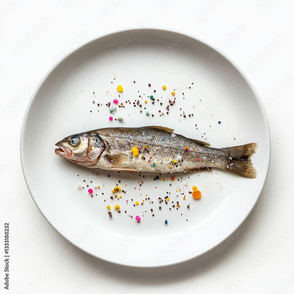 Cooked Fish on White Plate with Colorful Particles Highlighting Food Contamination Cooked Fish on White Plate with Colorful Particles Highlighting Food Contamination