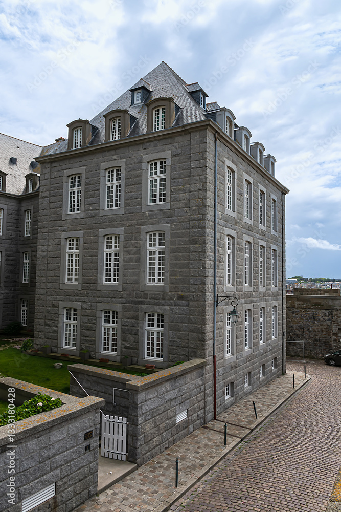 Architecture of ancient city Saint-Malo, a walled port city in Brittany (prefecture Ille-et-Vilaine) in northwestern France on English Channel. Saint-Malo. France.