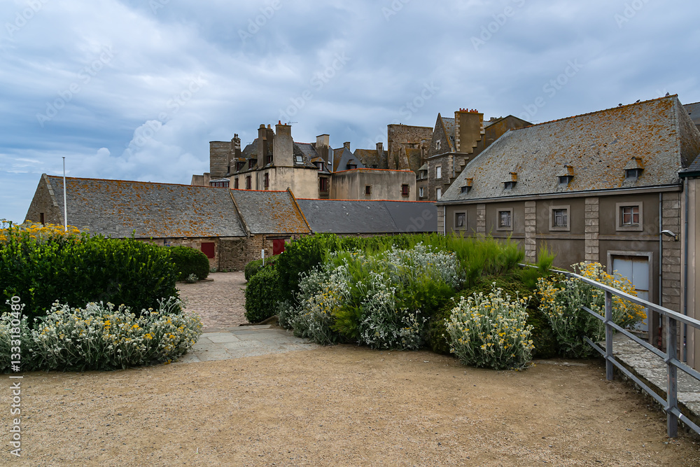Architecture of ancient city Saint-Malo, a walled port city in Brittany (prefecture Ille-et-Vilaine) in northwestern France on English Channel. Saint-Malo. France.