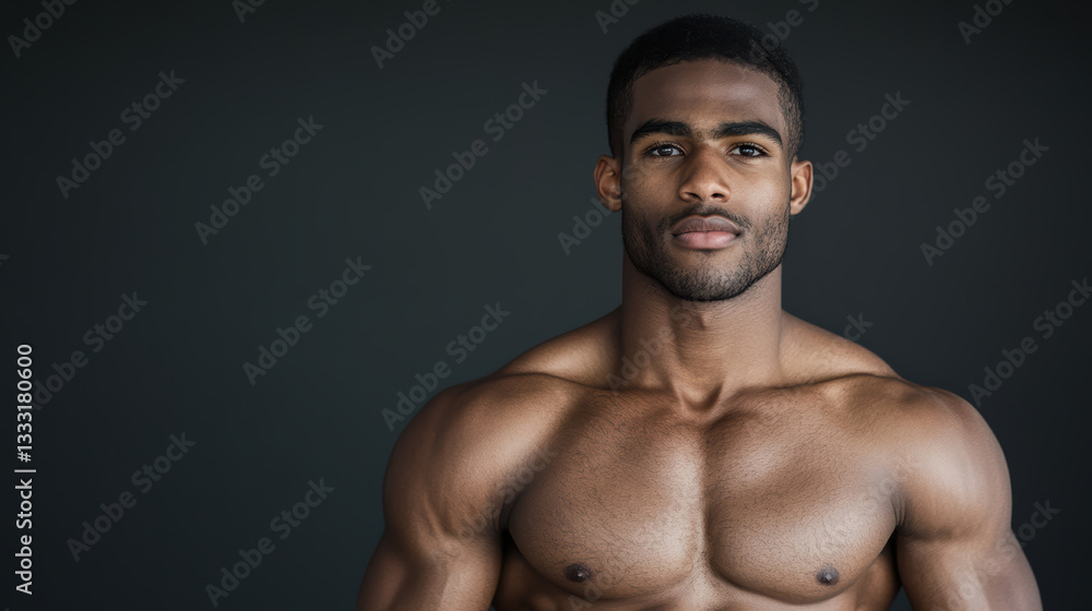 muscular man with defined physique poses confidently against dark background muscular man with defined physique poses confidently against dark background