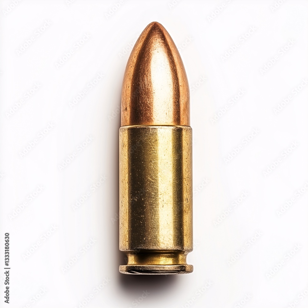 High-Detail Close-up of Single Shiny Bullet: Vintage Ammunition Showcasing Firearm Ballistics and Weapon Design High-Detail Close-up of Single Shiny Bullet: Vintage Ammunition Showcasing Firearm Ballistics and Weapon Design