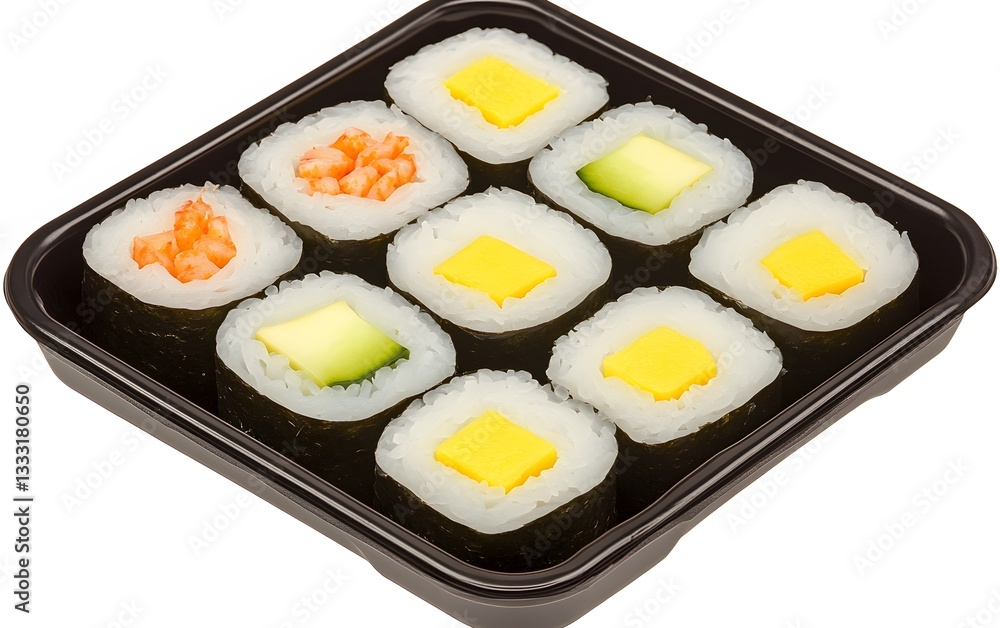 Delicious Sushi Rolls in Black Tray, Shrimp, Avocado, Tamago Delicious Sushi Rolls in Black Tray, Shrimp, Avocado, Tamago