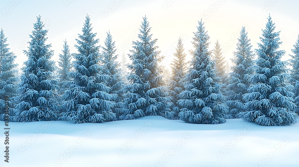 Naklejka premium Snow-Covered Pines Shimmer in a Winter Forest