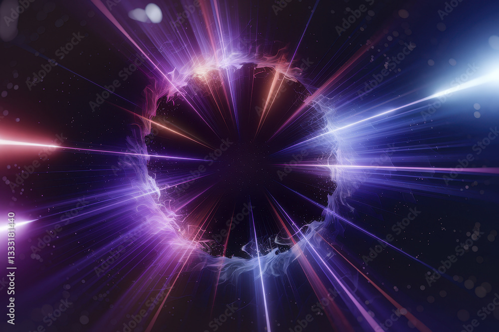Naklejka premium Vibrant Cosmic Energy Burst Surrounding a Dark Void with Radiant Light Rays