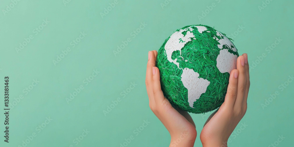 Hand holding a globe with eco-friendly elements for net zero awareness Hand holding a globe with eco-friendly elements for net zero awareness