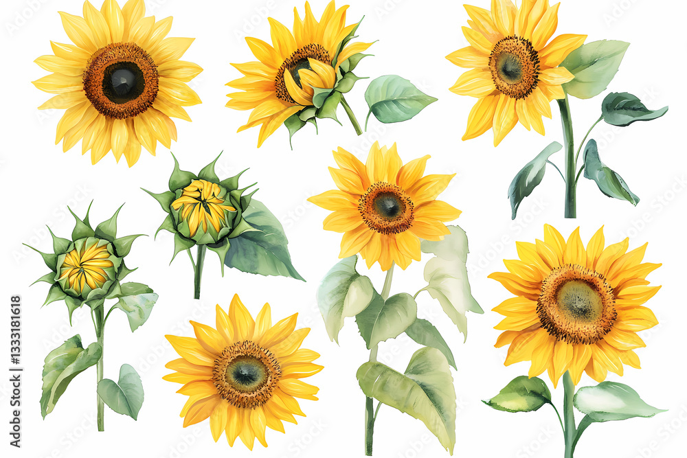 Sunflower Collection: An array of vibrant, realistic sunflowers in various stages of bloom, showcasing the intricate details of each petal and the rich colors of nature Sunflower Collection: An array of vibrant, realistic sunflowers in various stages of bloom, showcasing the intricate details of each petal and the rich colors of nature