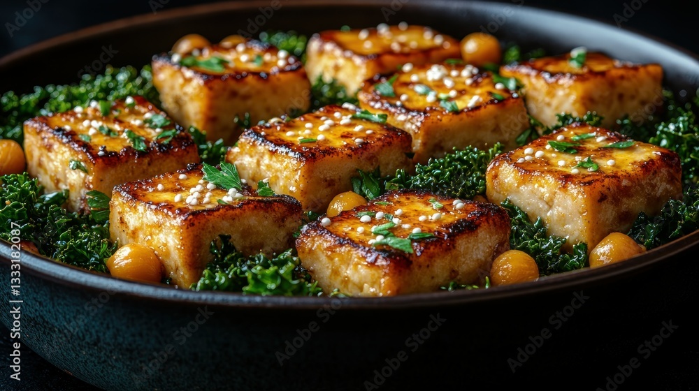 Pan-fried tofu cubes with kale and chickpeas Pan-fried tofu cubes with kale and chickpeas
