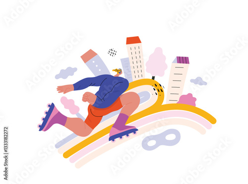 Life Unframed: Roller -modern flat vector concept illustration of a man rollerblading across rainbow. Metaphor of unpredictability, imagination, whimsy, cycle of existence, play, growth and discovery