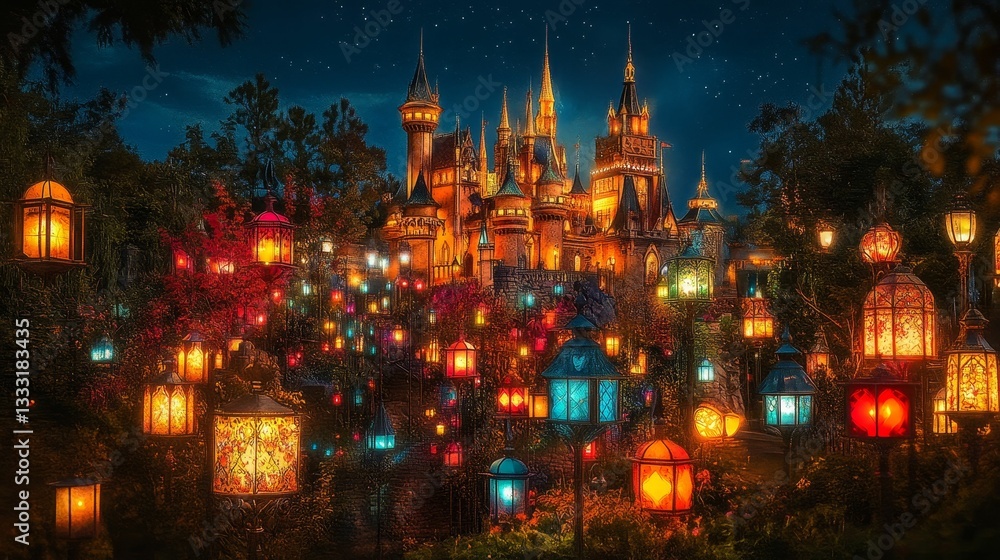 Fototapeta premium Magical castle aglow with festive lanterns night.