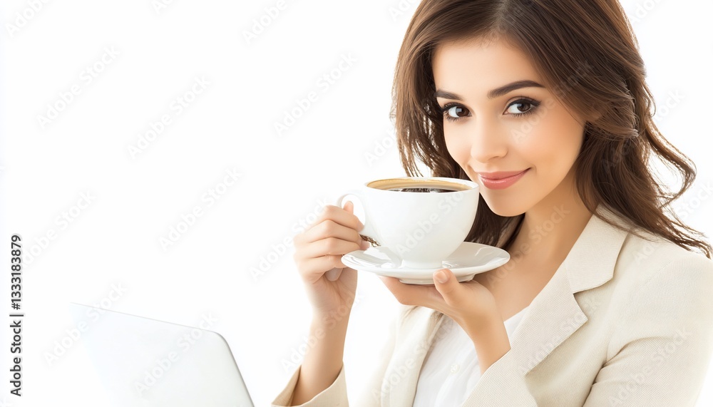 Smiling Woman Enjoying Coffee and Laptop in Bright Studio Smiling Woman Enjoying Coffee and Laptop in Bright Studio