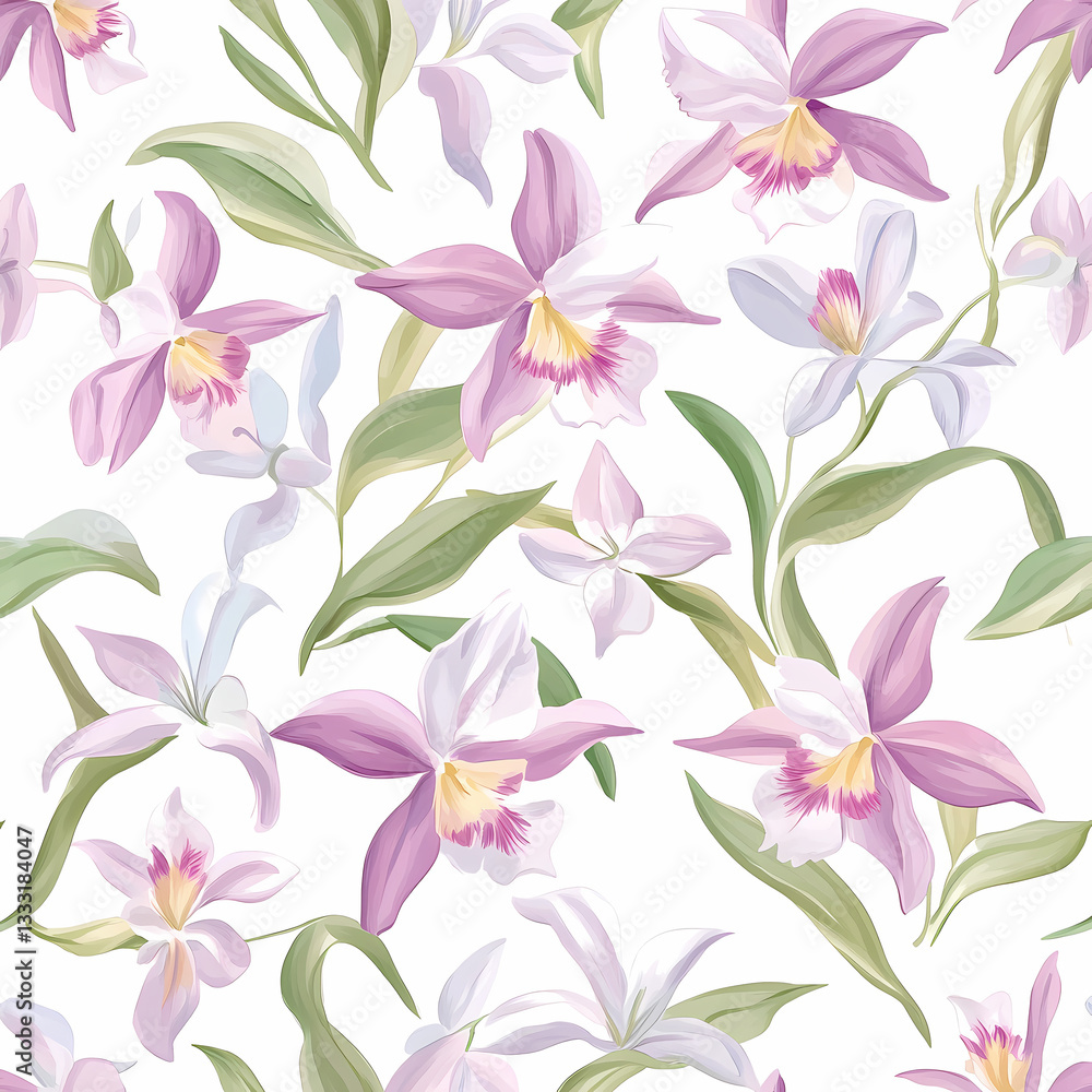 Orchids Flourish: A vibrant floral pattern of graceful orchids in full bloom, showcasing soft pastel hues of pink and white, intertwining with lush green leaves on a bright background. Orchids Flourish: A vibrant floral pattern of graceful orchids in full bloom, showcasing soft pastel hues of pink and white, intertwining with lush green leaves on a bright background.