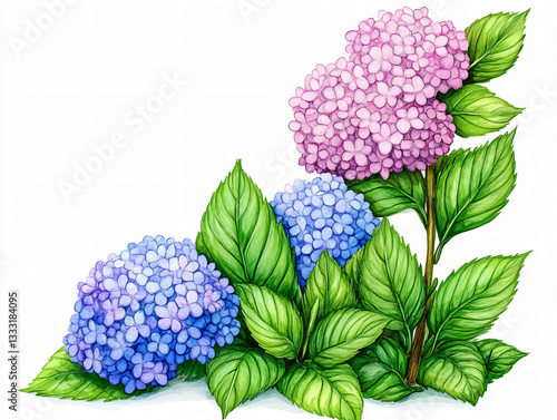 Watercolor hydrangea floral clipart illustration delicate botanical flowers soft pastel petals green leaves artistic bouquet decorative nature design elegant hand painted artwork vintage aesthetic