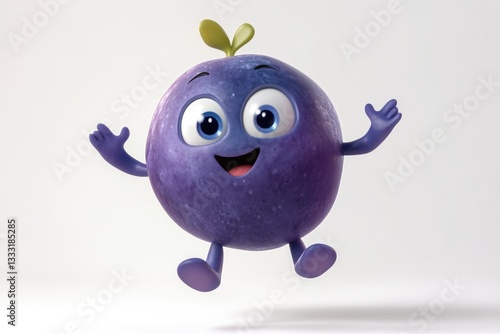 A cheerful cartoon blueberry character joyfully leaps in the air, expressing happiness and playfulness.