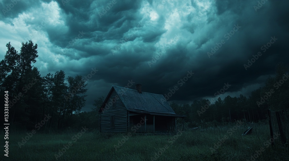 A lone cabin stands under a foreboding, stormy sky in a deserted forest, evoking feelings of mystery and suspense. A lone cabin stands under a foreboding, stormy sky in a deserted forest, evoking feelings of mystery and suspense.