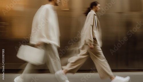 Two stylish individuals in motion blur walk swiftly on an urban street, showcasing modern fashion in beige tones.