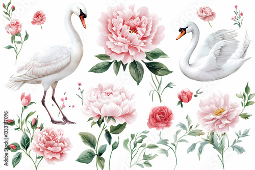 Wallpaper Mural Elegant Swans and Peonies: Watercolor illustration featuring two graceful swans amidst an array of soft pink peonies and delicate floral accents, perfect for adding a touch of elegance. Torontodigital.ca