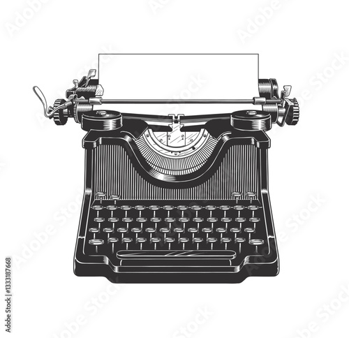 Vintage old typewriter with a blank sheet of paper inserted. Isolated on white background. Black and white monochrome engraving vector illustration