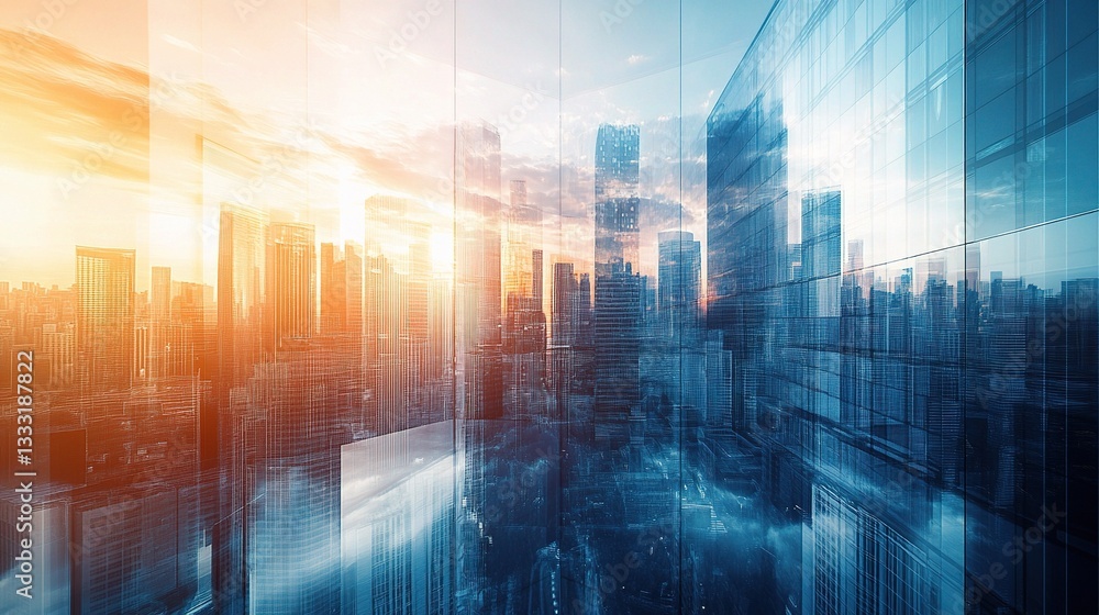 Abstract Business City Architecture Futuristic Skyline at Sunset Abstract Business City Architecture Futuristic Skyline at Sunset