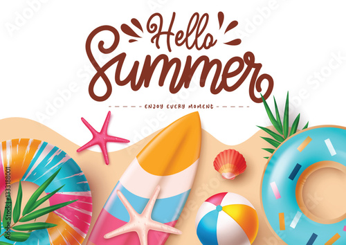 Hello summer greeting text with beach element in abstract brown and white background, Vector illustration.