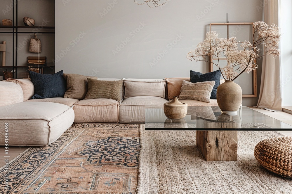 Minimalist, sofa and cushion are visible, and interior design of the living room of the house with coffee table is empty. Generative AI