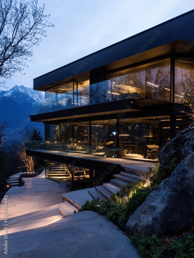 Obraz premium A futuristic house with an angular glass facade, nestled in the mountains