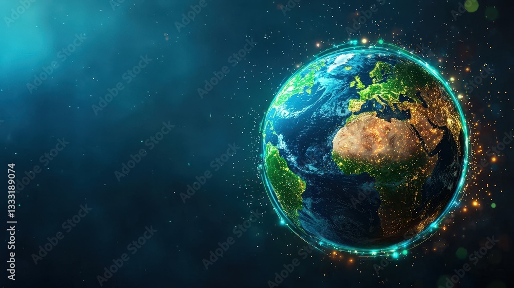 Obraz premium Glowing Earth Globe with Stars and Particles in Cosmic Space Scene