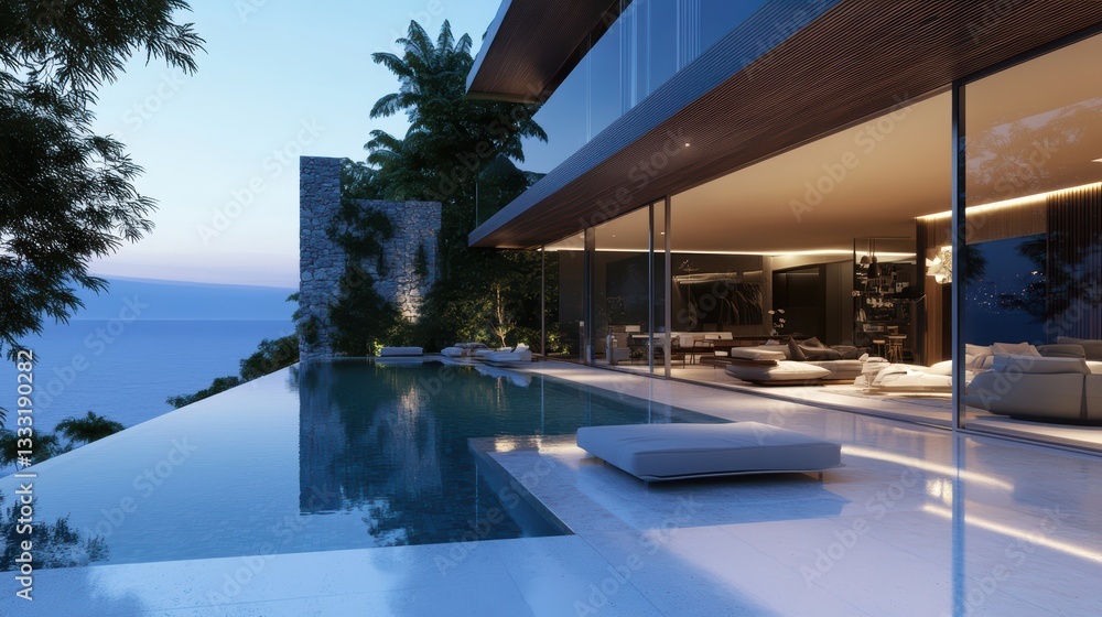 Obraz premium A stunning modern villa with floor-to-ceiling glass walls, seamlessly blending indoor and outdoor spaces