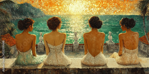 Elegant Sunset by the Sea: Women in White Dresses Admiring Ocean View from Mediterranean Terrace with Sculptures and Palm Trees, Capturing Tranquility and Beauty