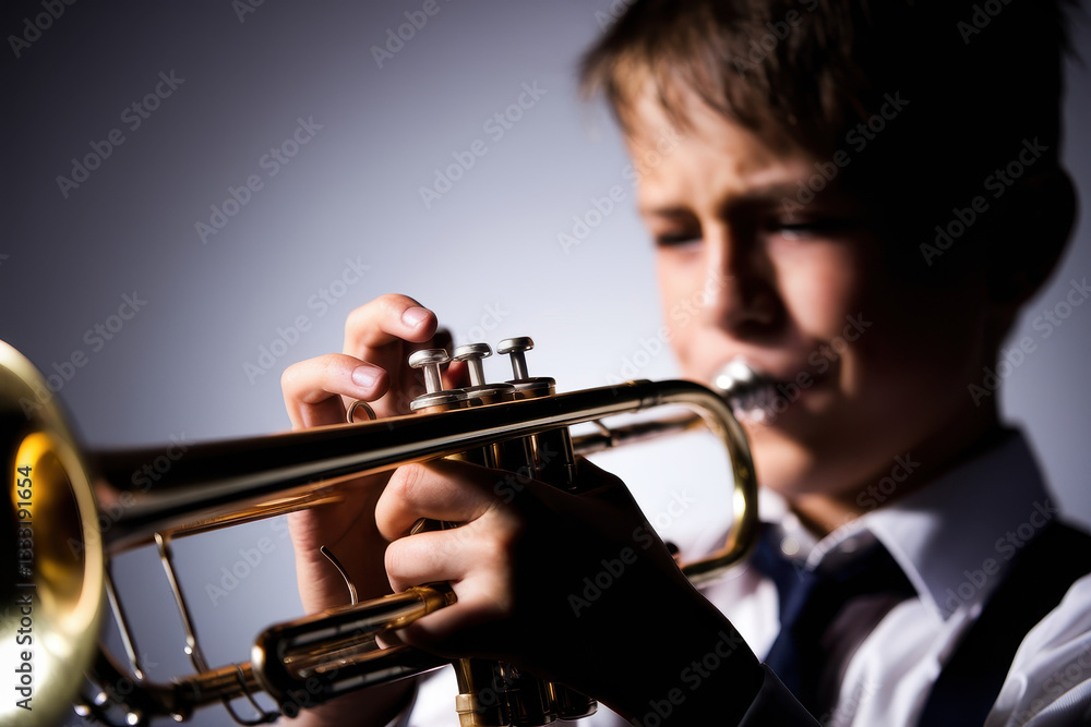Obraz premium Focused Young Boy Playing Trumpet with Determination in Softly Lit Setting