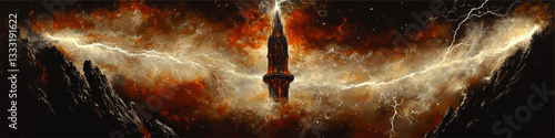 Dramatic Vector Illustration of Lightning Striking Dark Tower Amidst Fiery Sky with Stormy Atmosphere and Mysterious Mountains in Epic Fantasy Landscape