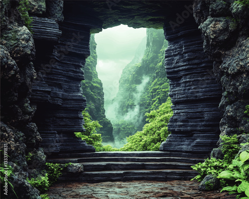Stunning Vector Art of Dramatic Rocky Cave With Misty Lush Green Canyon View: Serene Nature Landscape for Adventure Enthusiasts and Nature Lovers