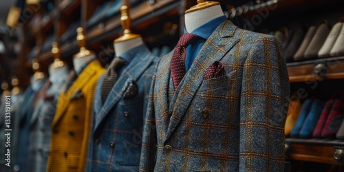 Wallpaper Mural Elegant men's suits displayed on mannequins in a luxury boutique, featuring classic patterns, fine tailoring Torontodigital.ca