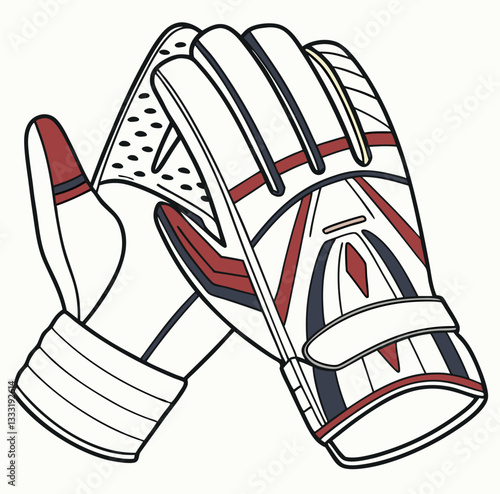 A pair of wicketkeeper gloves resting side by side, detailed with padding and webbing between the fingers.