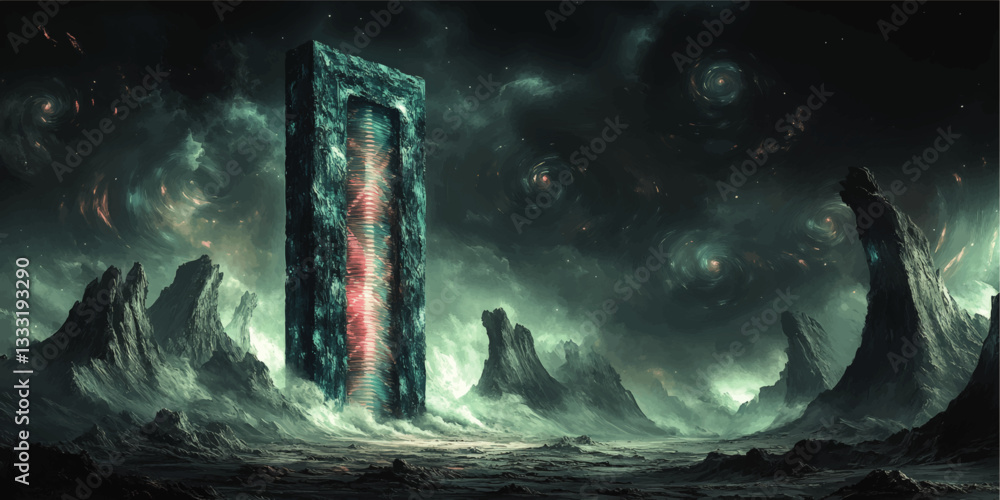 Fototapeta premium Futuristic Alien Landscape with Mysterious Sci-Fi Monolith and Swirling Cosmic Sky on Mars-Like Terrain: Explore Surreal Digital Art of Extraterrestrial World