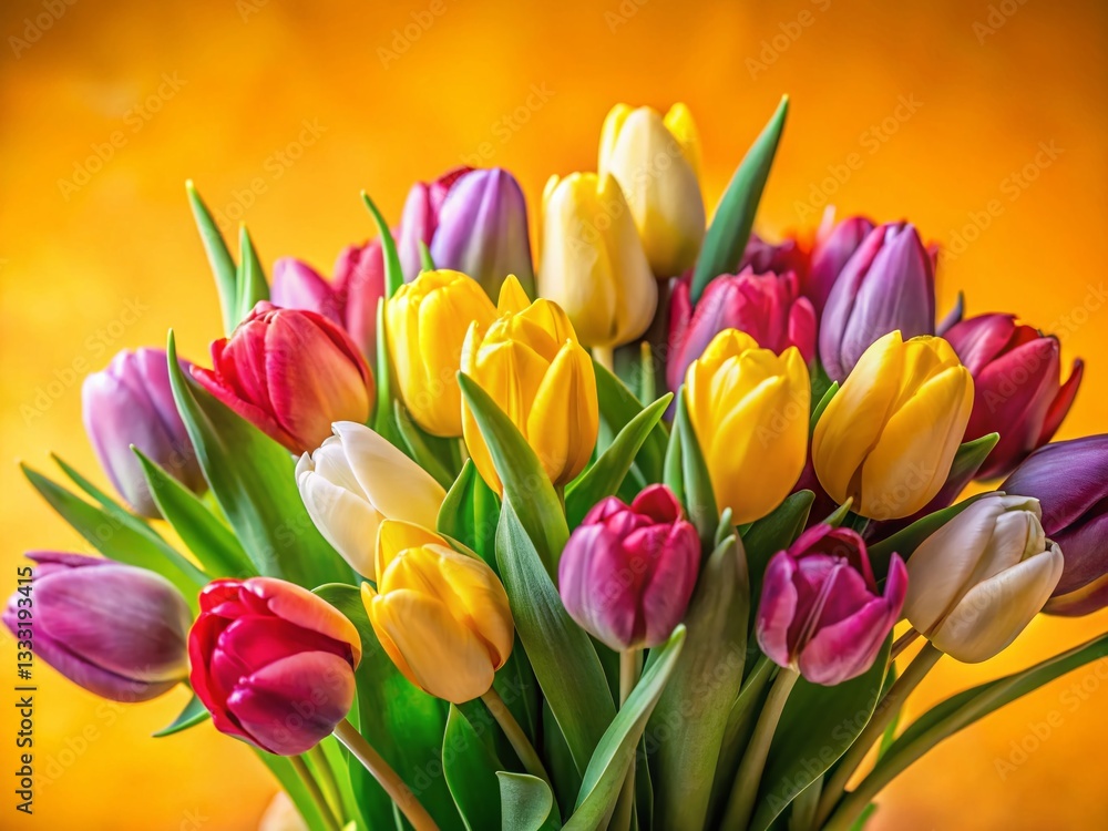 Vibrant Spring Tulips Bouquet on Yellow Background - Stock Photo Vibrant Spring Tulips Bouquet on Yellow Background - Stock Photo
