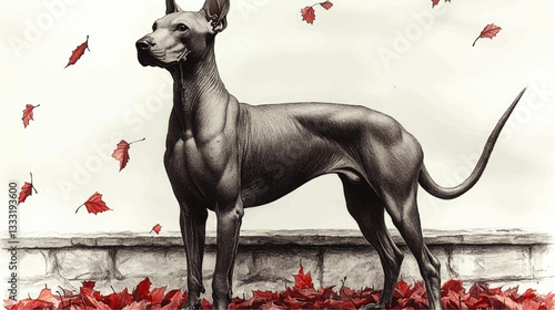 Stunning Vector Artwork of a Hairless Dog Amidst Falling Red Leaves on Stone-Like Background – Perfect for Autumn Themes, Elegant Canine Illustrations