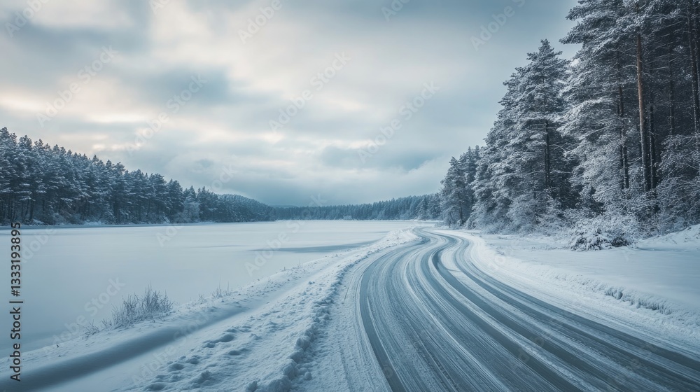A snowy road winds along a frozen lake through a forest A snowy road winds along a frozen lake through a forest
