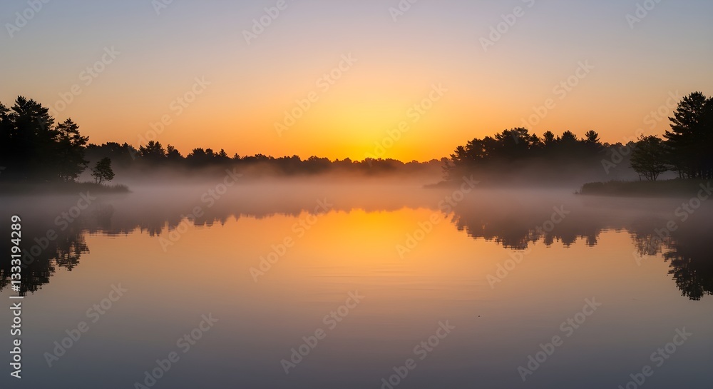 Fototapeta premium Amanecer brumoso sobre un lago tranquilo