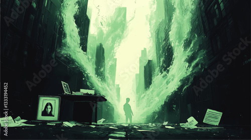 Dramatic Vector Art Depicting Lonely Silhouette in Surreal Green Vortex Urban Landscape with Flying Papers Desk and Portrait, Capturing Chaos and Isolation