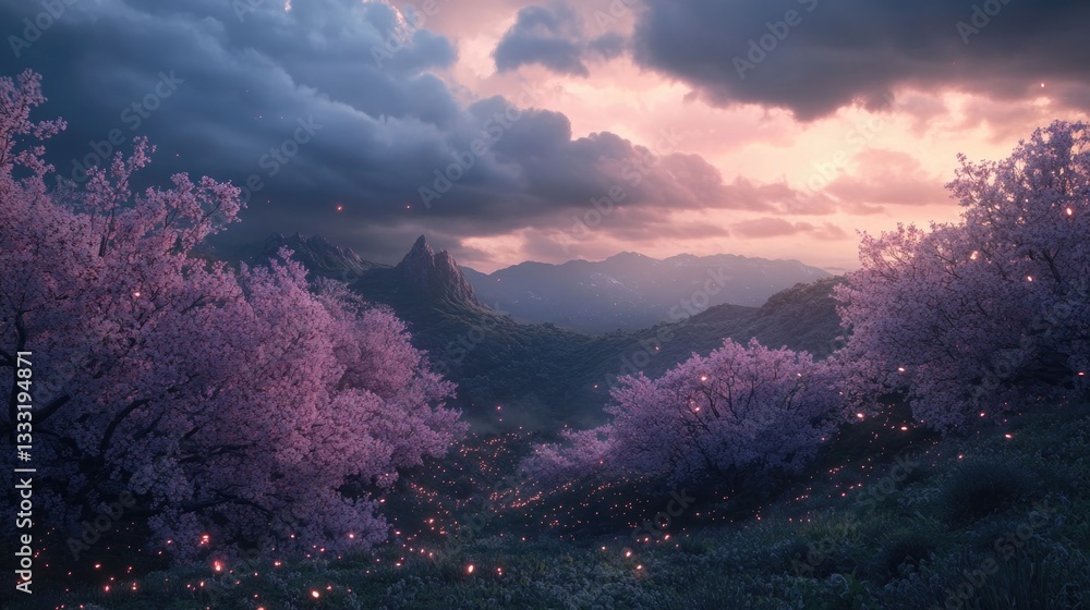 Fototapeta premium Beautiful landscape with pink flowering trees under a cloudy sky