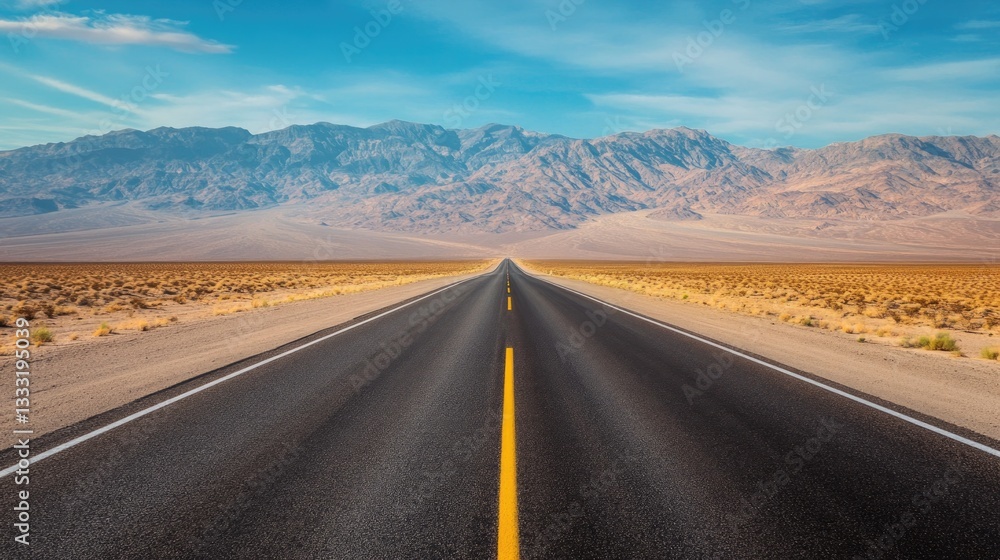 A long road leads to distant mountains under a clear blue sky A long road leads to distant mountains under a clear blue sky