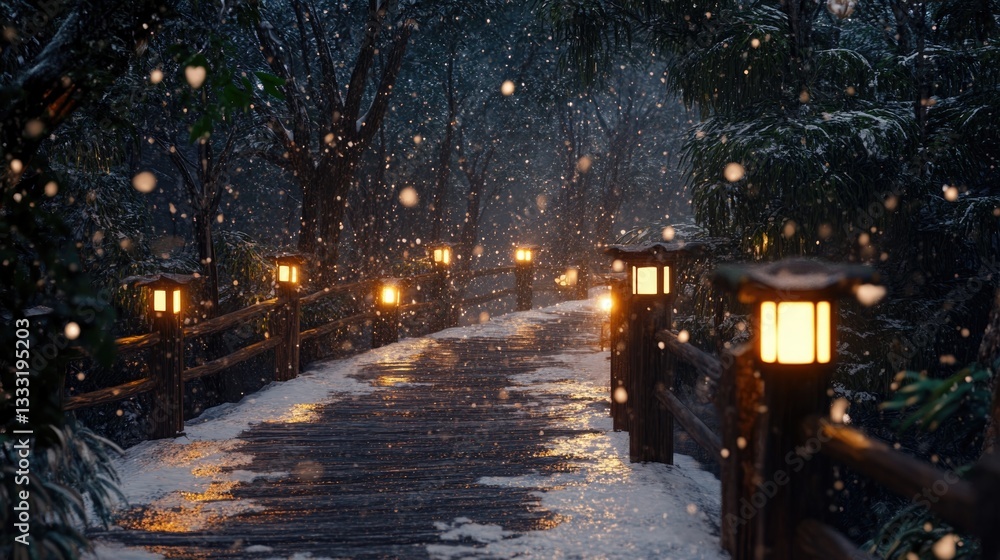 A snowy wooden pathway leads through illuminated winter landscape A snowy wooden pathway leads through illuminated winter landscape
