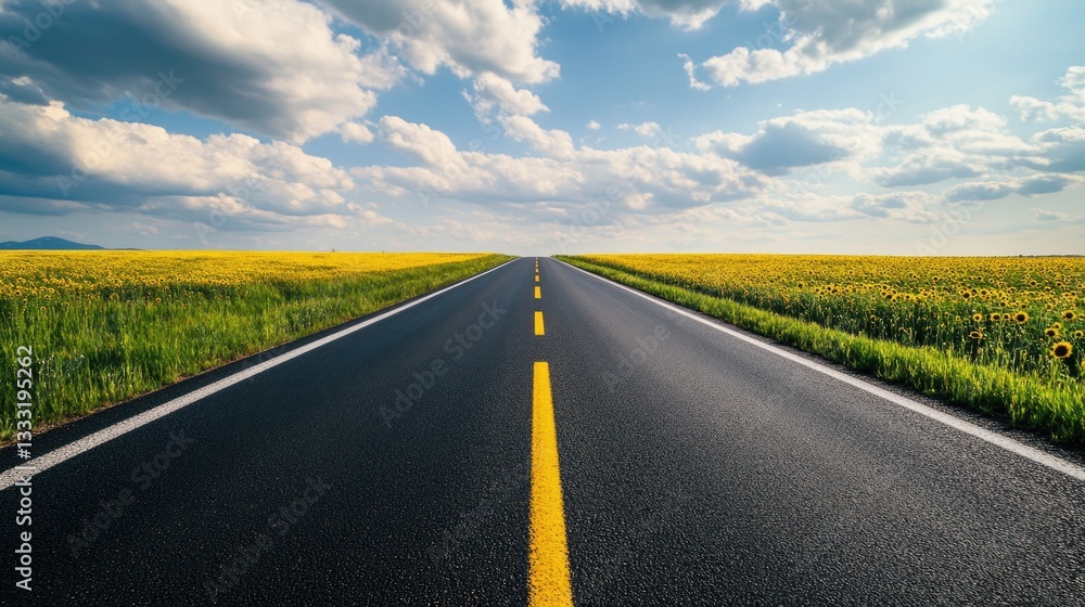 An empty asphalt road extends towards the horizon under a blue sky An empty asphalt road extends towards the horizon under a blue sky
