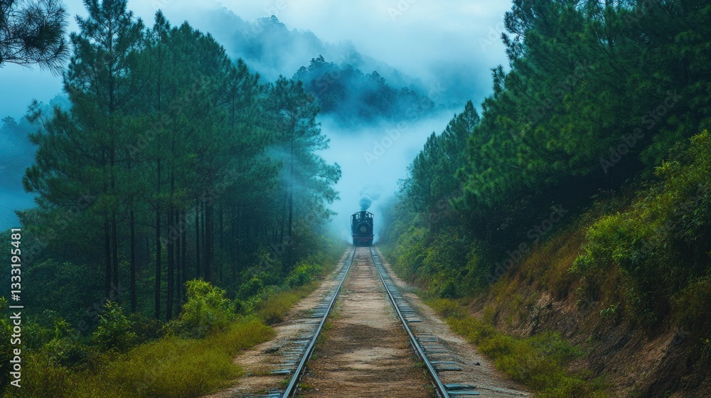 Fototapeta premium A vintage train travels along the railroad through lush forests